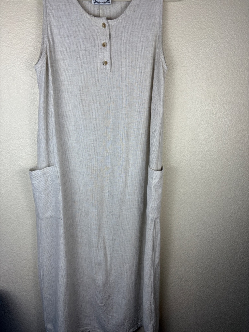 Vintage Dressing Clio Sleeveless Beige Maxi Linen Blend Shift Dress Pockets Med